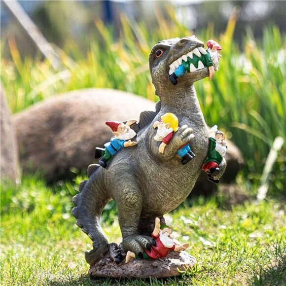 Garden Gnome Statues Outdoor Decor, 14” Dinosaur Gnomes Garden Art
